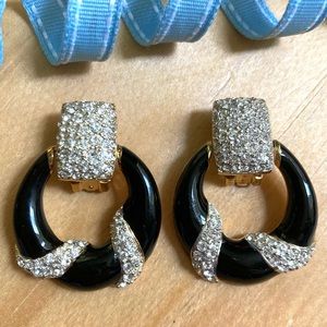 Carré rhinestone black enamel 18K Gold-plated Clip-on earrings 1.8"